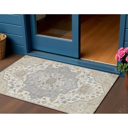 Homeroots 3' X 5' Beige Ivory And Gray Oriental Washable Indoor Outdoor Area Rug 596608