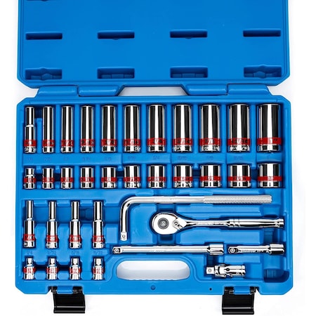 Neiko 3/8'' Drive CrV Steel SAE Socket Set with 90-Tooth Quick Release Ratchet, 35-Pieces 02511A