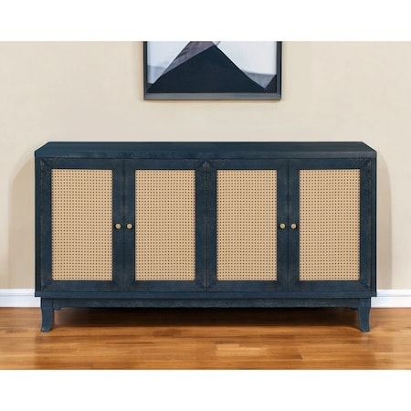 Homeroots 60" Blue Wood And Rattan Distressed Sideboard with Four Doors 568420