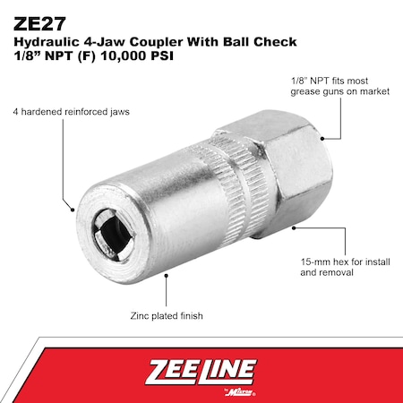 Zeeline Hydraulic 4Jaw Coupler wBall Check, 18 NPT, 6, 00 PSI ZE27