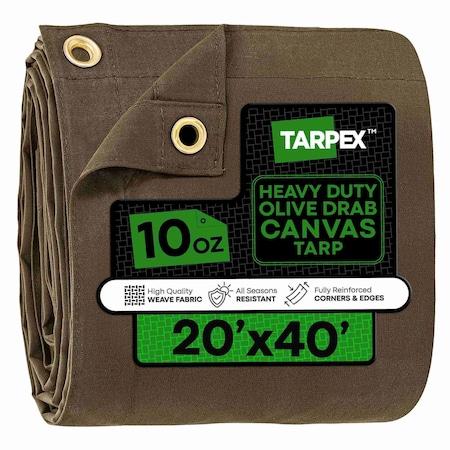 Tarpex Heavy Duty Tarp, 20 ft x 40 ft, Olive Drab, Canvas CTOD10-TA-2040