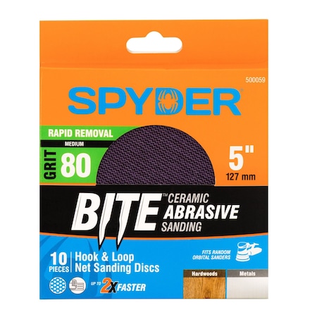 Spyder 5-Inch 80 Grit Ceramic Net Hook and Loop Sanding Discs, 10PK 500059