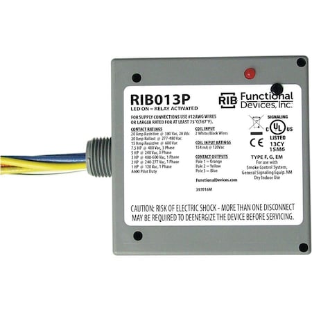 Functional Devices-Rib Enclosed Pre-Wired Relay, 20A at 300VAC, 3PST RIB013P