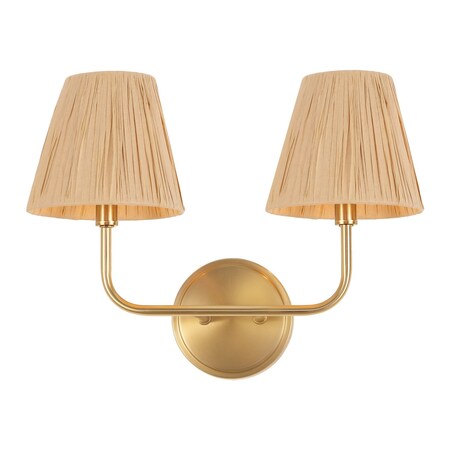 Jonathan Y Malaya 16" 2-Light Bohemian Coastal Metal Pleated Paper Shade LED Vanity Light, Beige/Brass Gold JYL1615A
