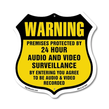 Signmission 24 Hour Surveillance Shield Sign Warning, 12 Inch X 12 Inch, Aluminum Metal Sign SHI-A-12-354