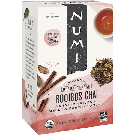 Numi Organic Teas and Teasans, 1.71oz, PK18, Rooibos Chai, Filterbag, Caffeine-free, Tea, 1.71 oz, 18 PK 10200