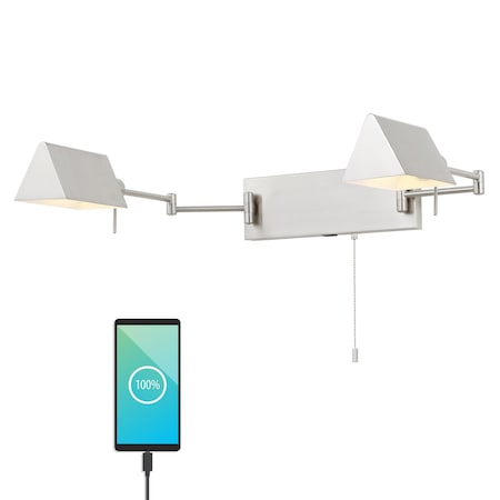 Jonathan Y Arlo 54" 2-Light Farmhouse Industrial Double Swing Arm Iron LED Wall Sconce w/Pull-Chain USB Chargin JYL6016B