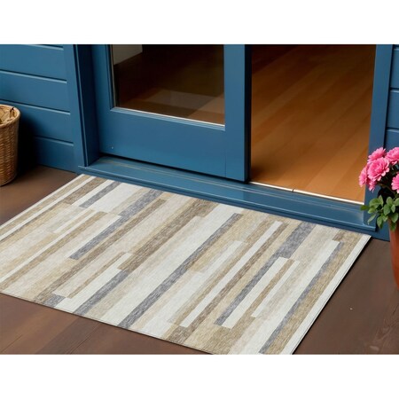 Homeroots 3' X 5' Ivory Beige And Taupe Striped Washable Indoor Outdoor Area Rug 613284