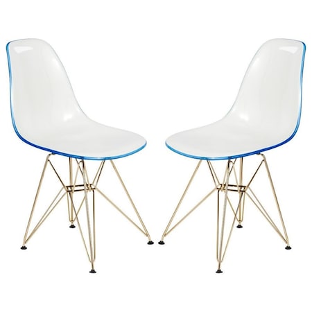 Leisuremod Cresco Molded 2-Tone Eiffel Dining Side Chair with Gold Base, White Blue, 2PK CR19WBUG2