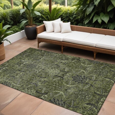 Homeroots 10' X 14' Olive Green And Charcoal Damask Washable Indoor Outdoor Area Rug 603334
