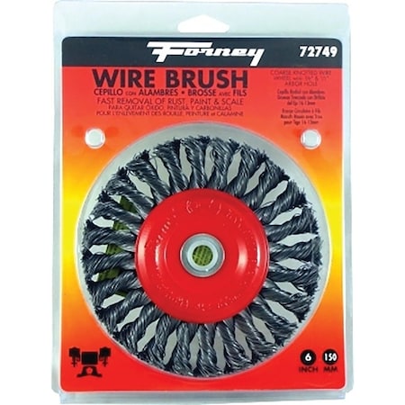Forney Wire Wheel Brush, 6 in Dia, 1/2 to 5/8 in Arbor/Shank, Twist Knot Bristle 72749