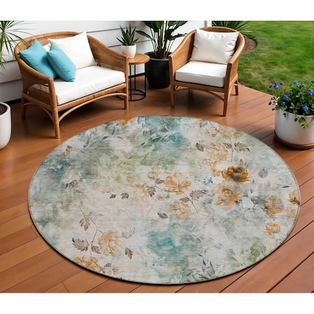 Homeroots 8' Teal Blue And Green Round Floral Washable Indoor Outdoor Area Rug 583144