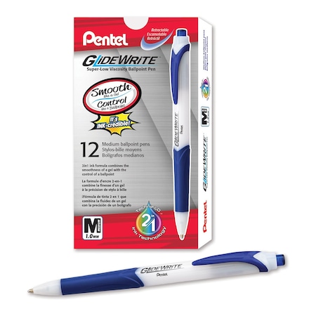 Pentel GlideWrite Ballpoint Pen with TechniFlo Ink, (1.0mm) Medium Line, Blue, 1 Dozen, 12PK BX910-C
