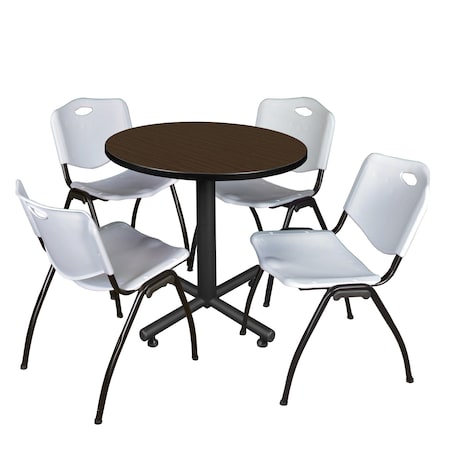 Regency Round Kobe Breakroom Table W/ 4 M Stack Chairs, 30 in W, 30 in L, Neo Walnut TKB30RNDNW47GY