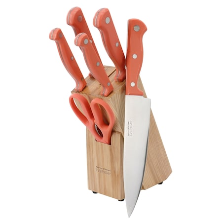 Martha Stewart Everyday Keswick 7 Piece Stainless Steel Cutlery and Wood Block Set in Coral 141048.07