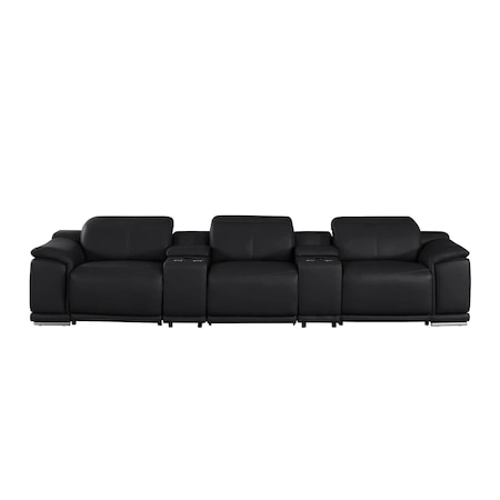 Homeroots 134" Black Top Grain Leather Reclining USB Sofa And Storage 643704