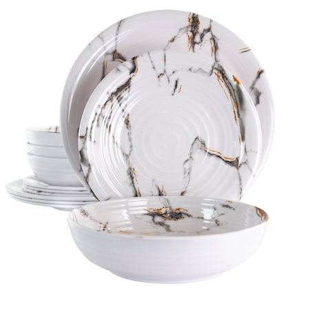 Elama Fine Sculpture 12 Piece Lightweight Melamine Dinnerware Set in White EL-FINESCULPTURE