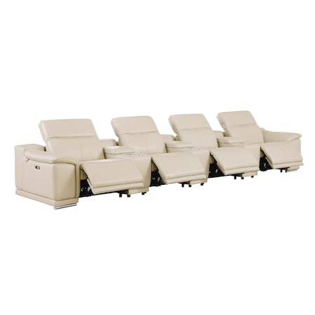 Homeroots 175" Beige Italian Leather Reclining Metal USB Sofa 720411