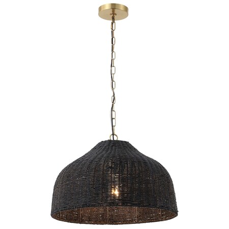 Jonathan Y Eliza 20 in. 1-Light Coastal Bohemian Woven Rattan and Iron LED Pendant, Black/Brass Gold JYL1133C
