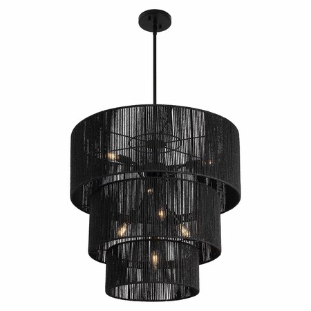 Jonathan Y Orson 24 in. 7-Light Coastal Bohemian Metal and Woven Paper Rope 3-Tier LED Chandelier, Black JYL9564B
