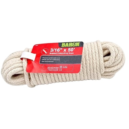 Baron Sash Cord, 3/16 in Dia, 50 ft L, 56 lb Working Load, Cotton/Poly, White 42605