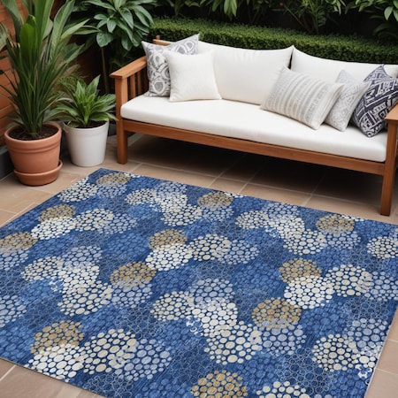Homeroots 9' X 12' Navy Blue Brown And Ivory Polka Dot Washable Indoor Outdoor Area Rug 594266