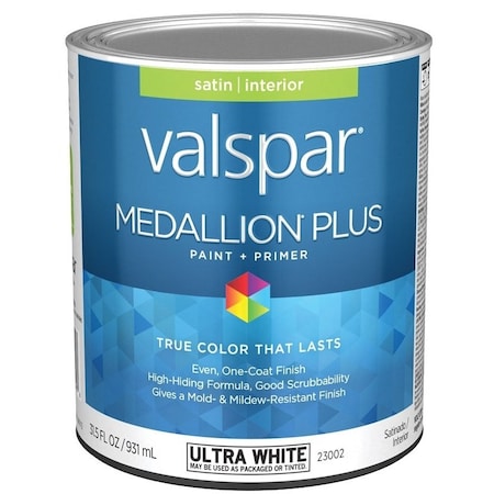 Valspar Medallion Plus 2300 Latex Paint, Acrylic Base, Satin Sheen, Ultra White Base, 1 qt 028.0023002.005