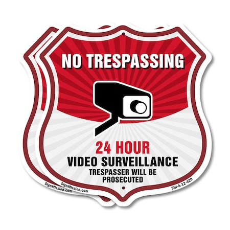 Signmission No Trespassing Shield Sign 24 Hour Video, 12 inch X 12 inch, Plastic Sign, 2PK SHI-P-2PACK-12-420