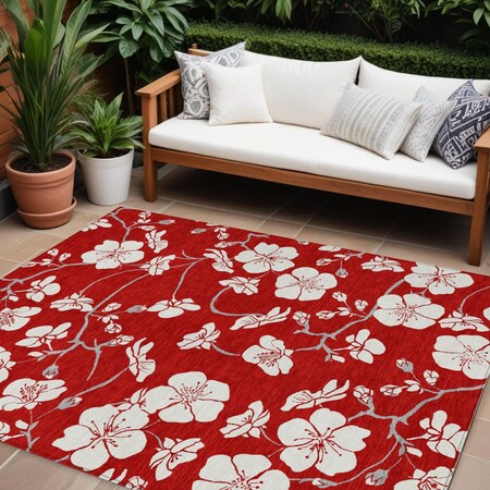 Homeroots 10' X 14' Red Ivory And Gray Floral Washable Indoor Outdoor Area Rug 599921
