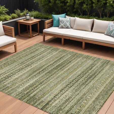 Homeroots 8' X 10' Green And Beige Striped Washable Indoor Outdoor Area Rug 631494