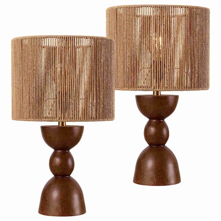 Jonathan Y Sherry 22" Bohemian Coastal Hourglass Totem Resin w/Hand-Woven Paper Rope Drum Shade LED Table, 2PK JYL5513B-SET2