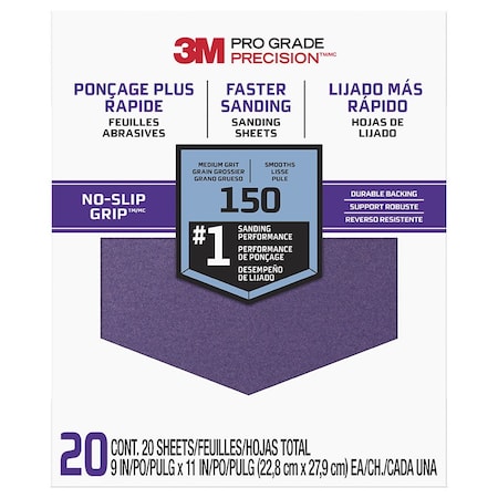 3M 9in x 11in SHCP150-PGP20T Pro Grade Precision Faster Sanding, Sanding Sheets, 150-Grit Medium, 767DC