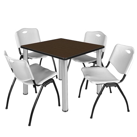 Regency Square Kee Breakroom Table W/ 4 M Stack Chairs, 42 in W, 42 in L, Neo Walnut TB4242NWBPCM47GY