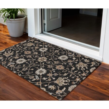 Homeroots 3' X 5' Black Brown And Ivory Floral Washable Indoor Outdoor Area Rug  604743