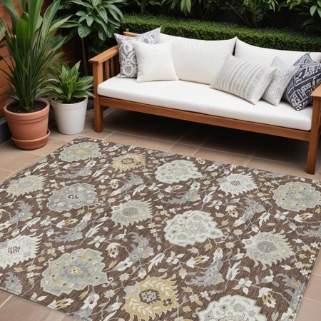 Homeroots 10' X 14' Brown Gray And Ivory Damask Washable Indoor Outdoor Area Rug 599405