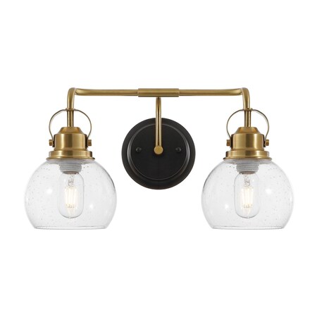 Jonathan Y Shirley 17.5" 2-light Farmhouse Industrial Metal LED Vanity Light w/Seeded Glass Globe Shades, Brass JYL7404B