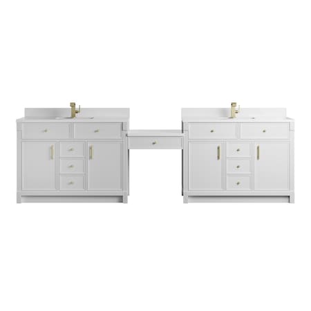James Martin Vanities Bellshire 120" Dual Vanity Set w/24" Make-Up Counter, Bright White w/Sgl Hole 3 cm White Zeus Silest 660-VMC120-BW-1WZ