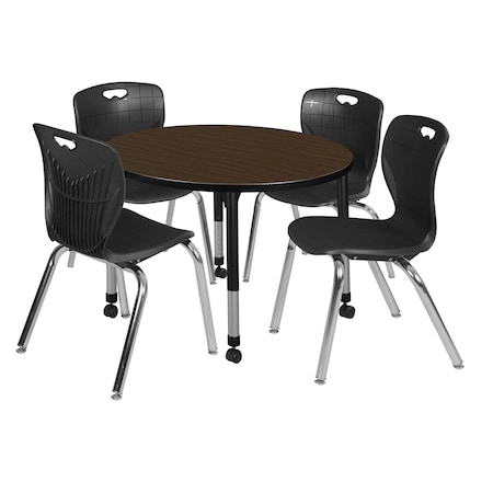 Regency Round Kee Mobile Adjustable Classroom Table W/ 4 Andy Chairs, 36 in W, 36 in L, Neo Walnut TB36RNDNWAPCBK40BK