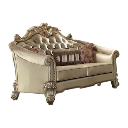 Homeroots 67in Bone And Gold Faux Leather Loveseat and Toss Pillows 515704