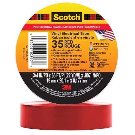3M 35 Scotch Vinyl Color Coding Electrical Tape, 3/4" X 66 Ft, 10PK 35-3/4X66FT-RD