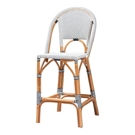 Bali & Pari Genica Classic French Two-Tone Navy and White Weaving and Natural Rattan Bar Stool 251-13957-ZORO