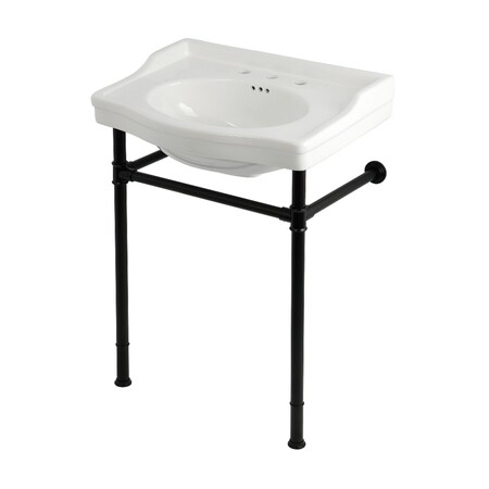 Kingston Brass 30" Ceramic Console Sink with Stainless Steel Legs, 8-Inch, 3-Hole, White/Matte Black KVPB30229W80