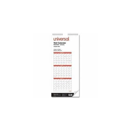 Universal Three-Month Wall Calendar, White/Black/Red, 12 x 27, 2021 71003