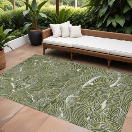 Homeroots 10' X 14' Olive Green Gold And Ivory Abstract Washable Indoor Outdoor Area Rug 601079