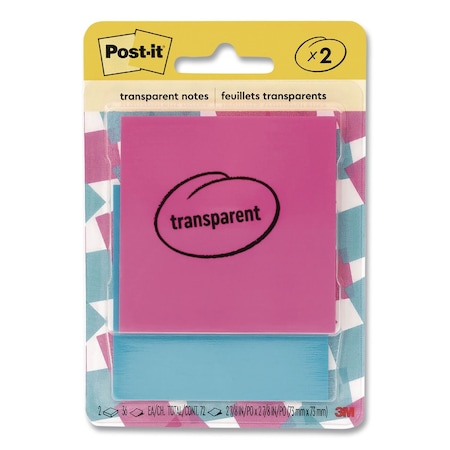 Post-It Transparent Notes, 2.88" x 2.88", Assorted Colors, 36 Sheets/Pad, 2PK 600-2COL
