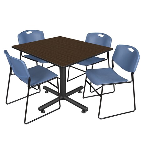 Regency Square Kobe Breakroom Table W/ 4 Zeng Stack Chairs, 48 in W, 48 in L, Neo Walnut TKB4848NW44BE