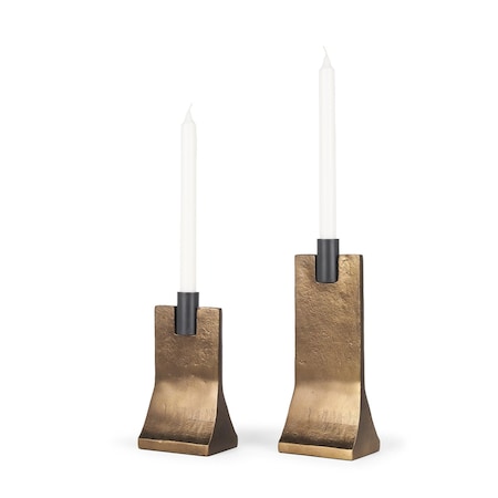 Homeroots Set of Two Gold And Black Distressed Hammered Metal Tabletop Taper Candle Holders, 2PK 608535