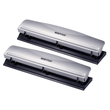 Bostitch Office 3 Hole-Punch, 12-Sheet Capacity, Metal, Silver, 2-Pack HP12-2PK