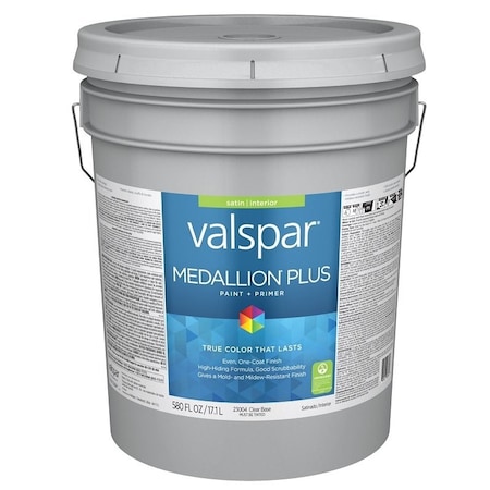 Valspar Medallion Plus 2300 Latex Paint, Acrylic Base, Satin Sheen, Clear Base, 5 gal, Plastic Pail 028.0023004.008