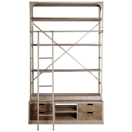 Homeroots Brown Nickel and Solid Wood Six Tier Bookcase with Four Drawers 392223